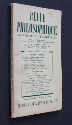 Revue philosophique de la France et de l'étranger n°4, octobre-décembre 1960 : Individu et société