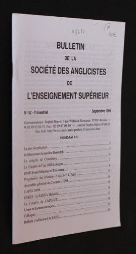Bulletin de la Société des Anglicistes de l'Enseignement supérieur n°52 (septembre 1999)