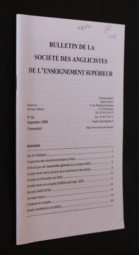 Bulletin de la Société des Anglicistes de l'Enseignement supérieur n°64 (septembre 2002)
