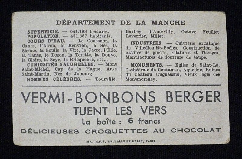 6 chromos publicitaires Vermi-bonbons Berger (départements français)