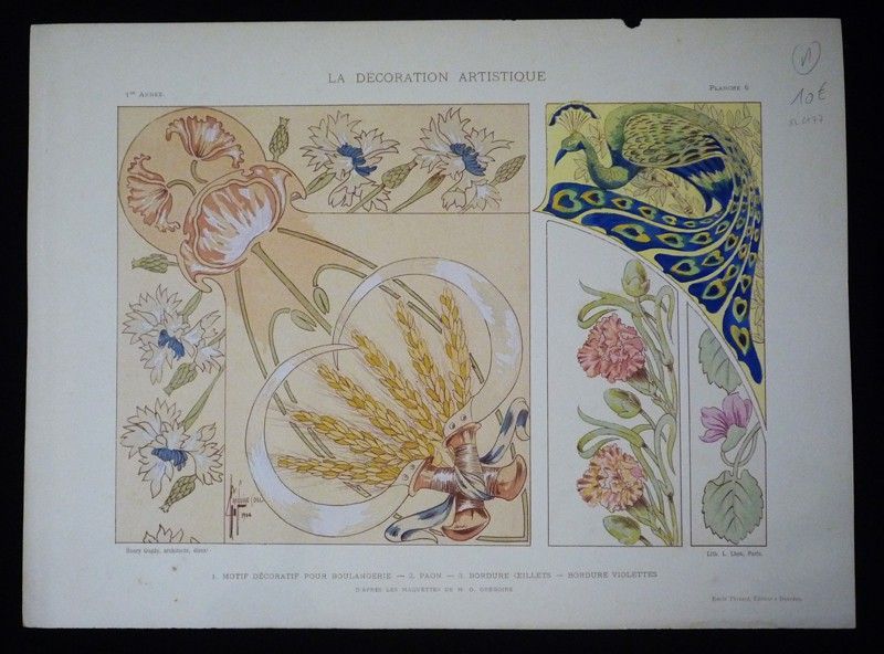 La Décoration artistique. 1re année, n°2, planche 6 : 1. Motif décoratif pour boulangerie - 2. Paon - 3. Bordure oeillets - Bordure violettes