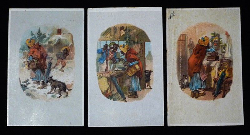 3 chromos fin XIXe : femme noire et son parapluie