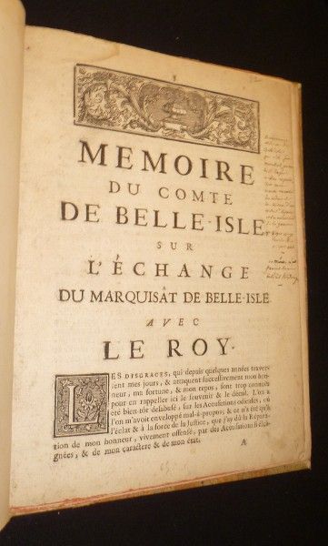Mémoire du Comte de Belle-Isle sur l'échange du Marquisat de Belle-Isle avec le Roy