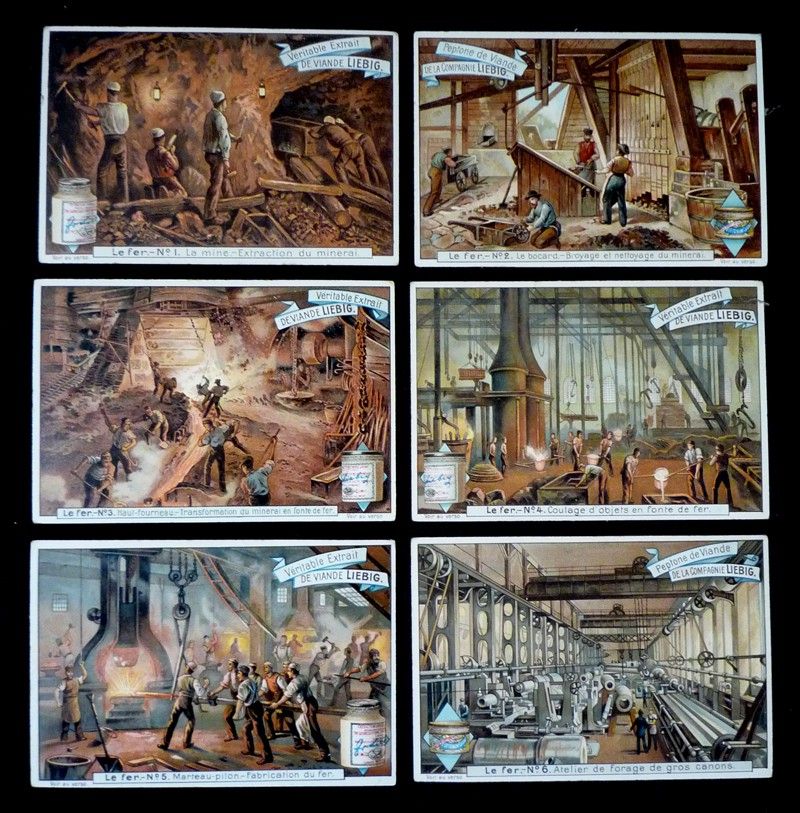 6 chromos Liebig : Le fer (série complète)
