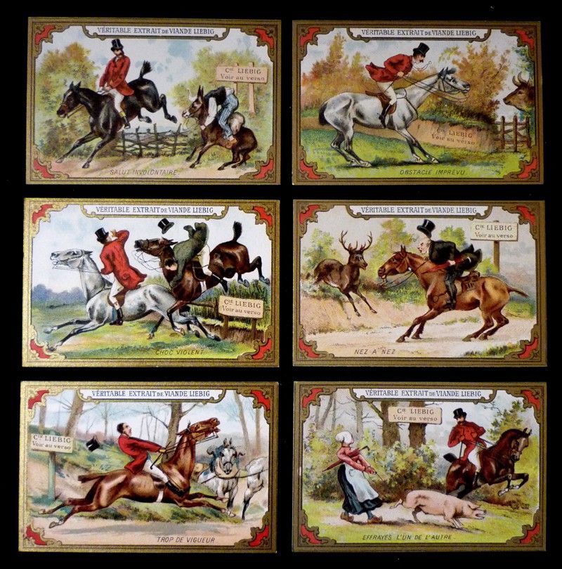 6 chromos Liebig : Rencontres à cheval (série complète)
