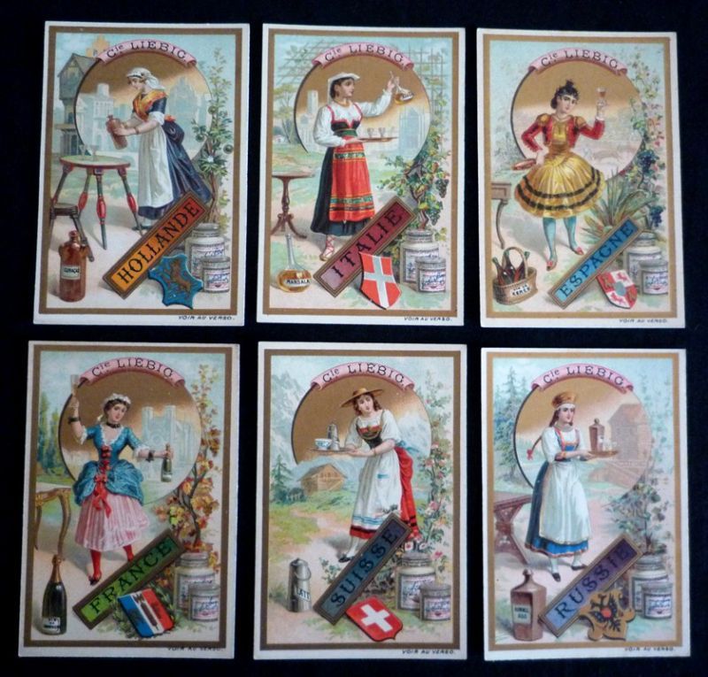 6 chromos Liebig : Pays et spécialités (série complète)