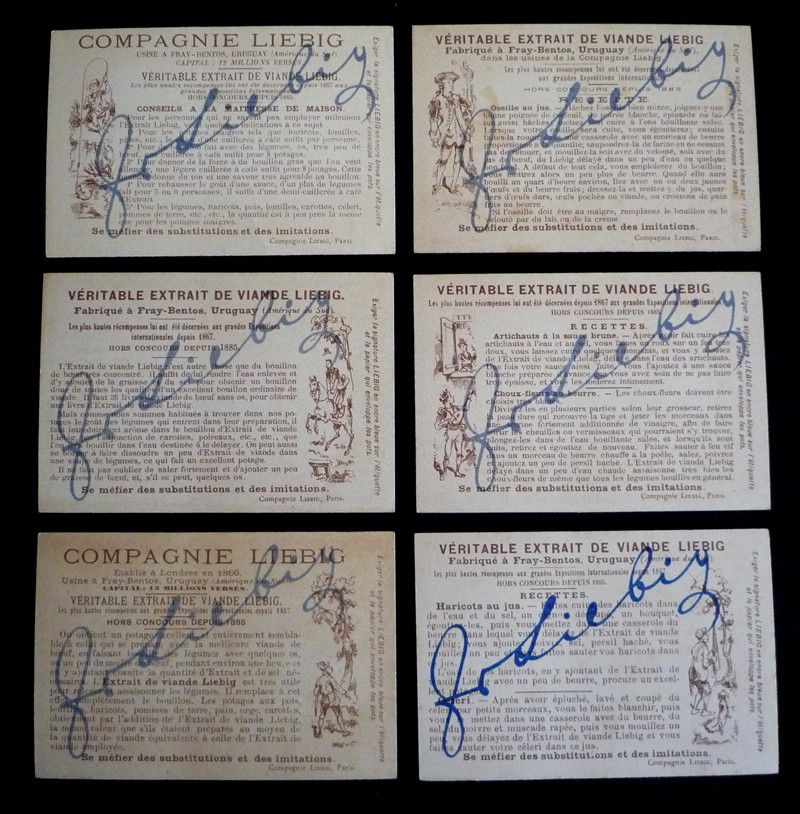 6 chromos Liebig : Pays et spécialités (série complète)