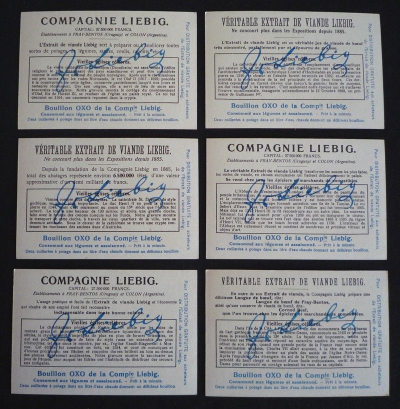 6 chromos Liebig : Vieilles églises célèbres (série complète avec enveloppe d'origine)