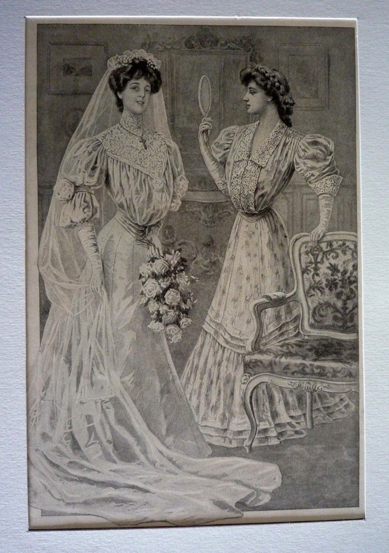 Gravure de mode : robe de mariée, corsage et jupe