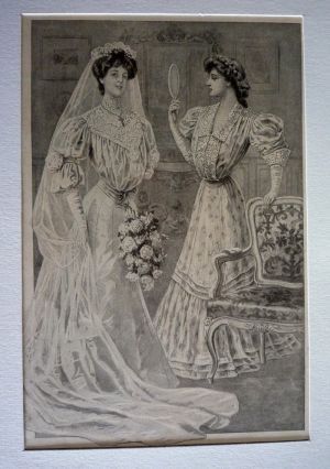 Gravure de mode : robe de mariée, corsage et jupe