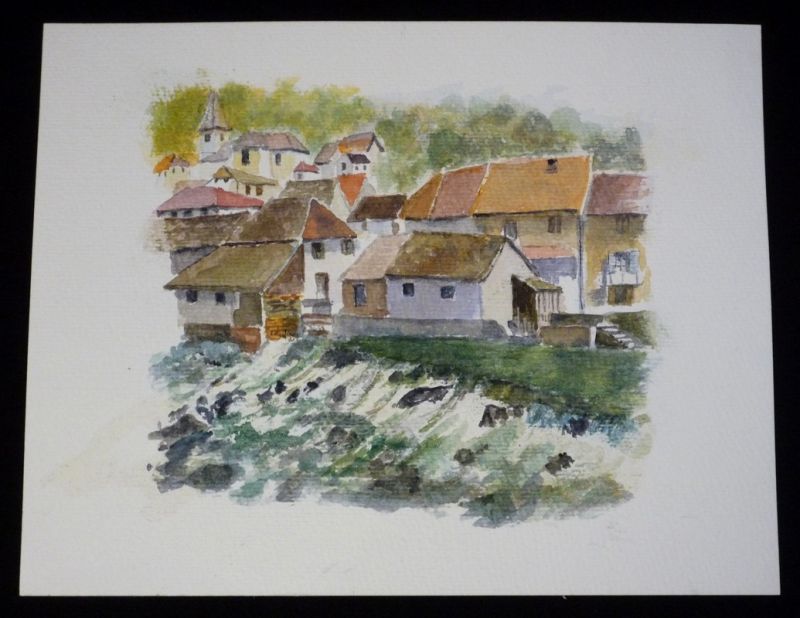 Aquarelle originale de Vaubourg : Village