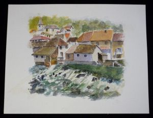 Aquarelle originale de Vaubourg : Village