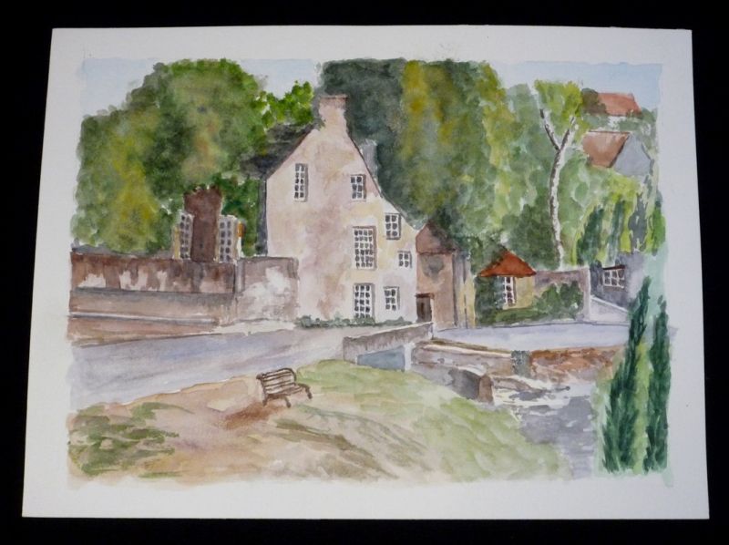 Aquarelle originale de Vaubourg : maison au bord de la route