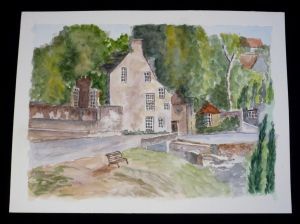 Aquarelle originale de Vaubourg : maison au bord de la route
