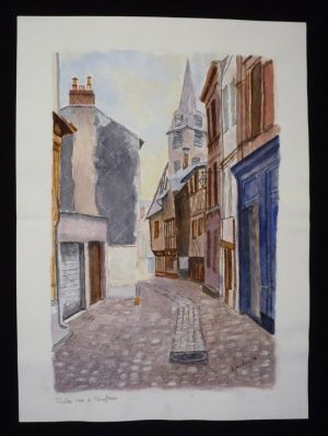 Aquarelle originale de Vaubourg : vieille rue à Honfleur
