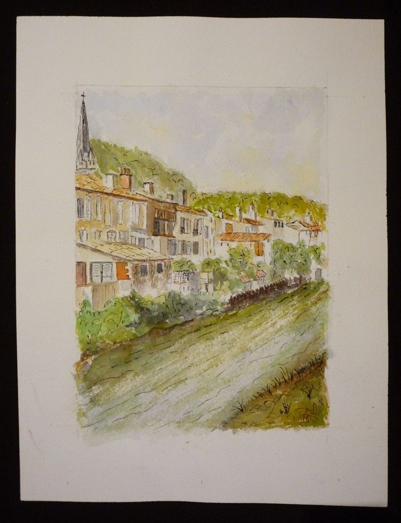 Aquarelle originale de Vaubourg : village au bord d'une rivière