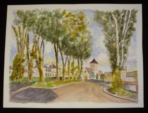 Aquarelle originale de Vaubourg : route de village arborée