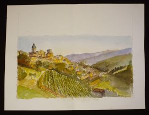 Aquarelle originale de Vaubourg : village de montagne