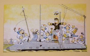Carte postale illustrée par Tem, n°8 : Les surprises des manoeuvres navales 'aux postes de plongée !...'