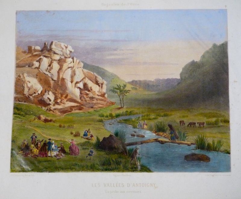Lithographie : Bagnoles-de-l'Orne, Les Vallées d'Antoigny : la pêche aux écrevisse (J. Gaildrau)