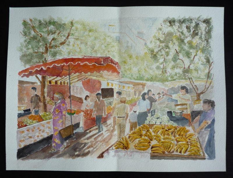Aquarelle originale de Vaubourg : Marché de Provence