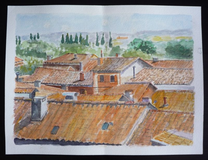 Aquarelle originale de Vaubourg : Toits de village