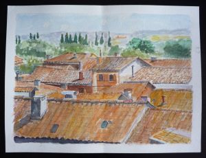 Aquarelle originale de Vaubourg : Toits de village
