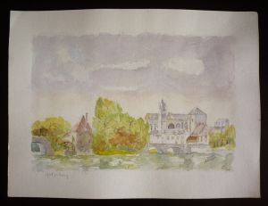 Aquarelle originale de Vaubourg : Moret sur Loing