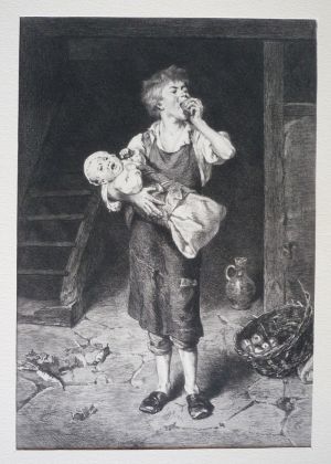 Gravure XIXe de Ludwig Knaus : Ventre affamé n'a pas d'oreilles