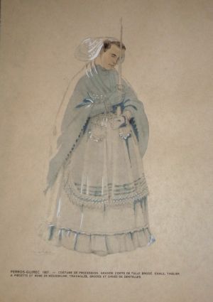 Aquarelle de Victor Lhuer tirée du livre "Le Costume breton" : Costume de Perros-Guirec, 1907