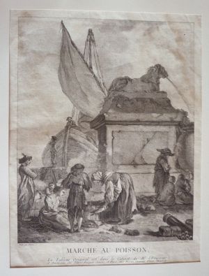 Gravure fin XVIIIe de Pelletier : Marché au poisson