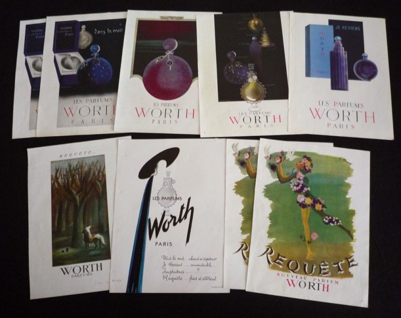 Lot de 9 publicités pour les parfums WORTH (dont 2 en double)