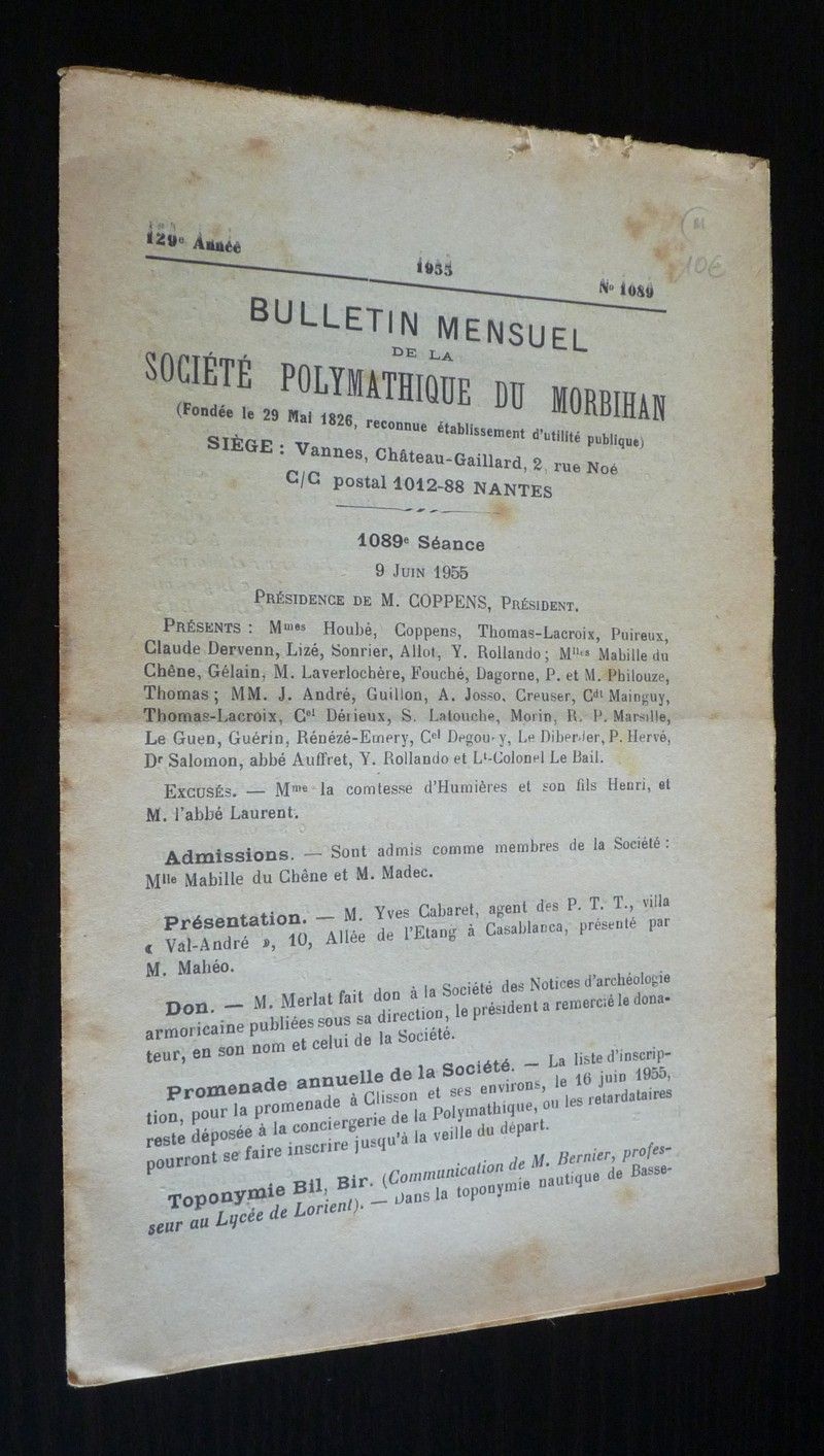 Bulletin mensuel de la société polymathique du Morbihan (129e année - 1955 - n°1089)
