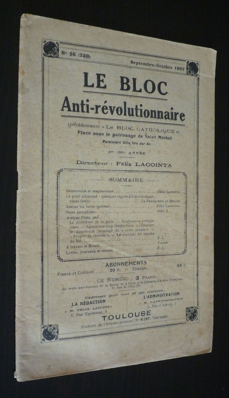 Le Bloc Anti-révolutionnaire (précédemment Le Bloc Catholique), n°26 (239), septembre-octobre 1932
