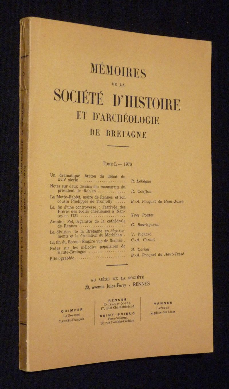 Mémoires de la Société d'Histoire et d'Archéologie de Bretagne, Tome L (1970)
