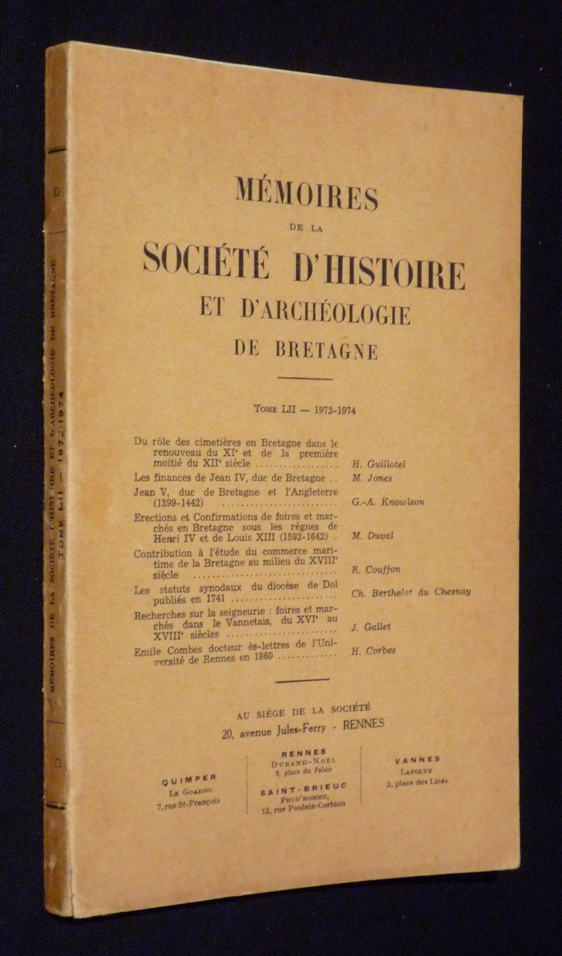 Mémoires de la Société d'Histoire et d'Archéologie de Bretagne, Tome LII (1972-1974)