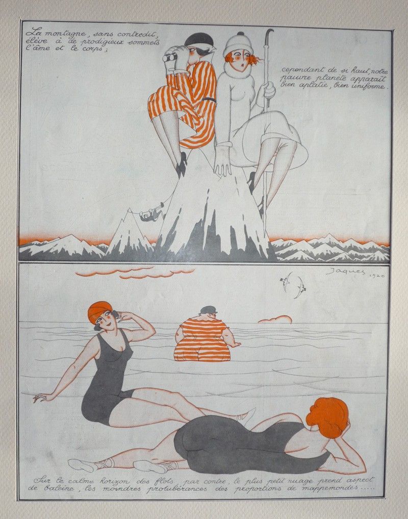 Gravure de Jacques :  Le vertige des cîmes, la douceur des grèves (La Vie Parisienne)