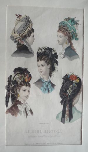 Gravure de mode d'Adèle-Anaïs Toudouze  : Chapeaux de Mme Aubert (La Mode illustrée)