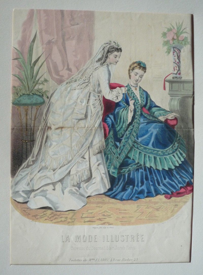Gravure de mode d'Adèle-Anaïs Toudouze  : Toilettes de Mme Fladry (La Mode illustrée)