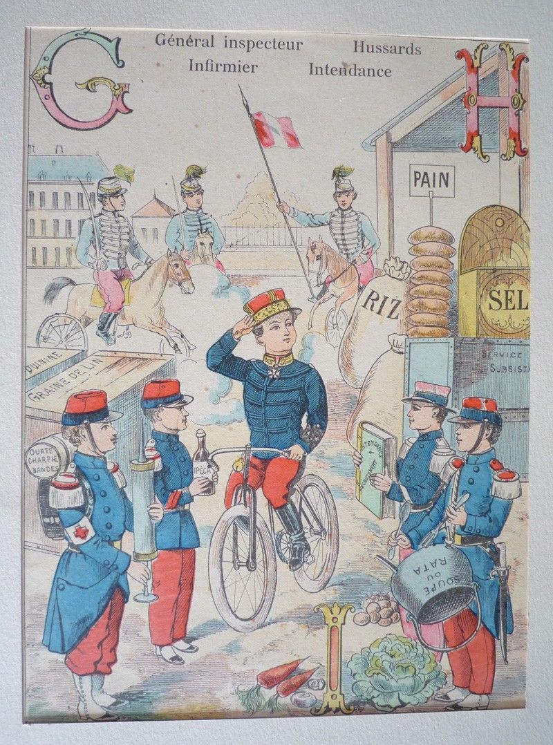 Gravure 'Alphabet amusant' : Général inspecteur, Hussards, Infirmier, Intendance