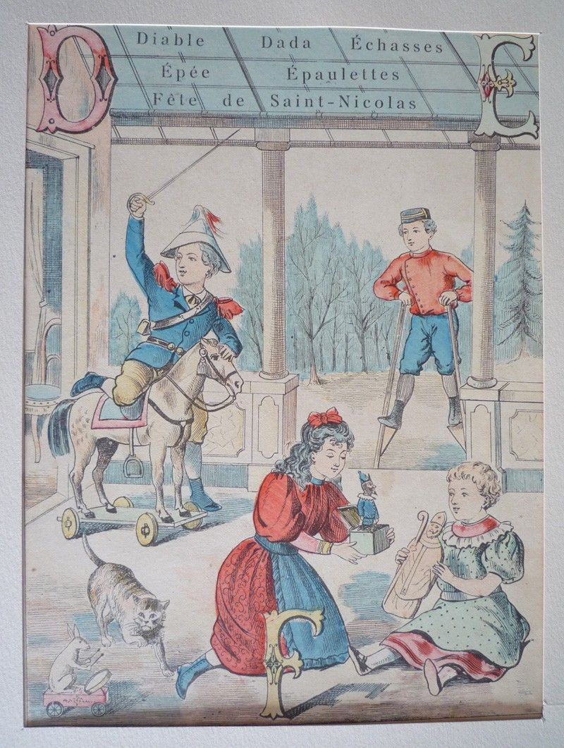 Gravure 'Alphabet amusant' : Diable, Dada, Echasses, Epée, Epaulettes, Fête de Saint-Nicolas