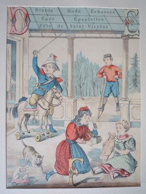 Gravure 'Alphabet amusant' : Diable, Dada, Echasses, Epée, Epaulettes, Fête de Saint-Nicolas
