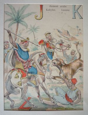 Gravure 'Alphabet amusant' : Jument arabe, Kabyles, Lionnes