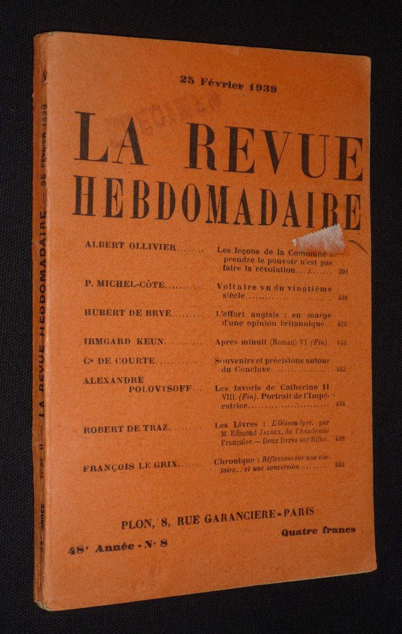 La Revue hebdomadaire (48e année, n°8, 25 février 1939)