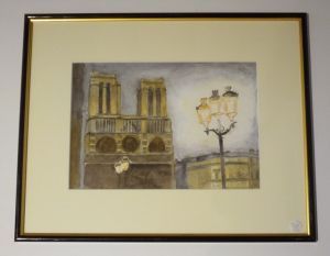 Aquarelle originale de Vaubourg : Notre-Dame de Paris (encadré)