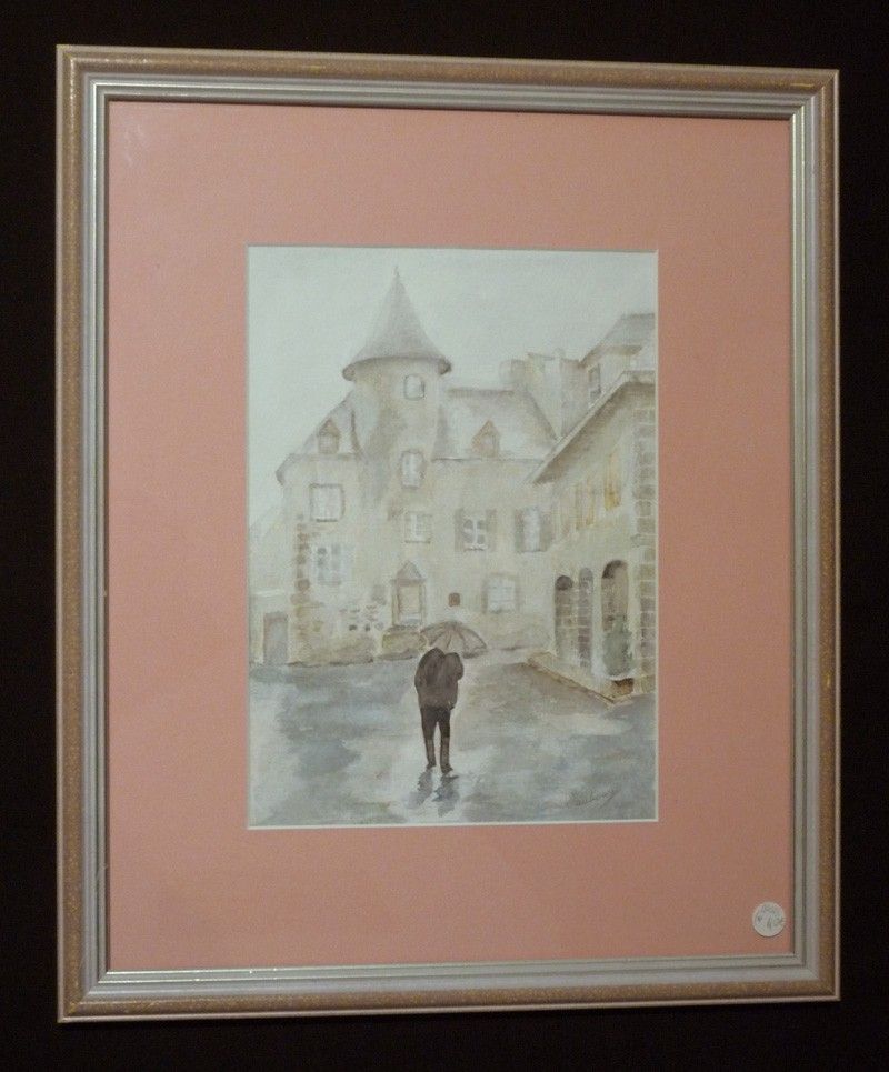 Aquarelle originale de Vaubourg : Salers, Auvergne (encadré)