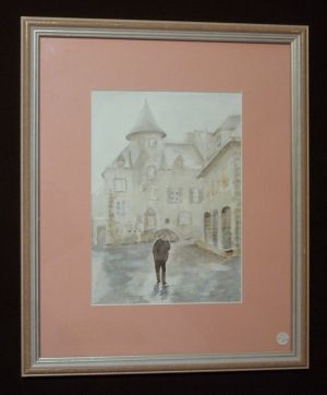 Aquarelle originale de Vaubourg : Salers, Auvergne (encadré)