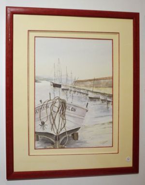 Aquarelle originale de Vaubourg : Barque sur cale au port (encadré)