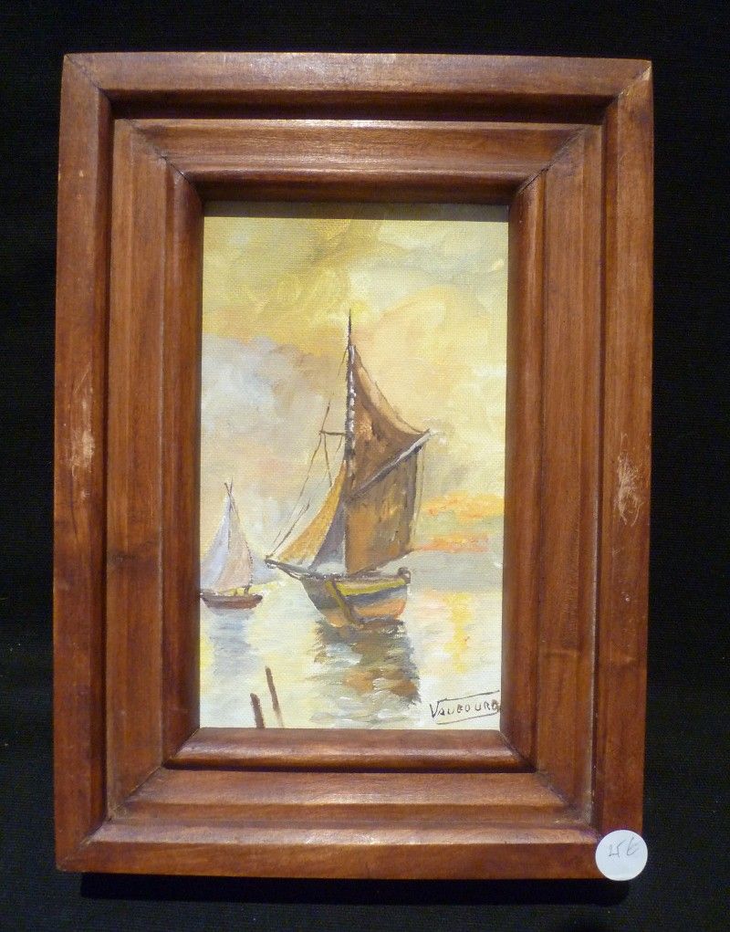 Peinture originale de Vaubourg : voiliers au soleil couchant