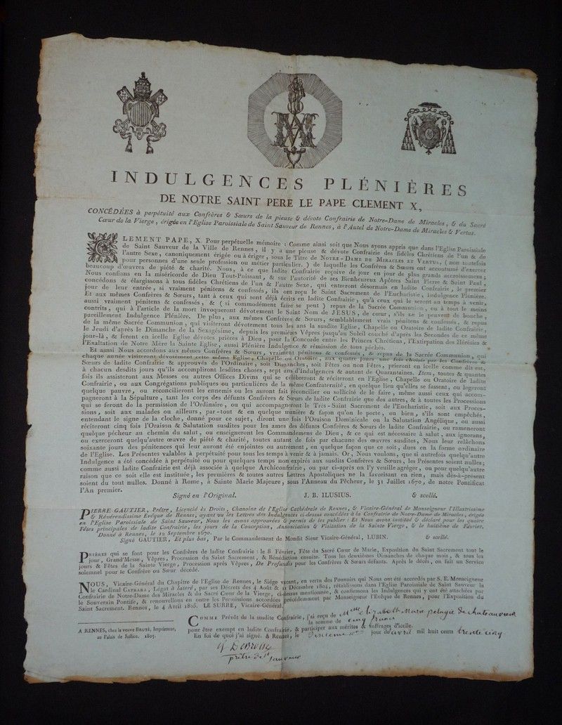 Indulgences plénières de notre Saint père le pape Clément X, concédées à perpétuité aux confrères et soeurs de la pieuse et dévote Confrairie de Notre-Dame de Miracles, et du Sacré Coeur de la Vierge...
